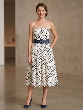 Kay Unger Sz 8 White Polka Dot Strapless Fit & flare Belted Dress Pinup Derby